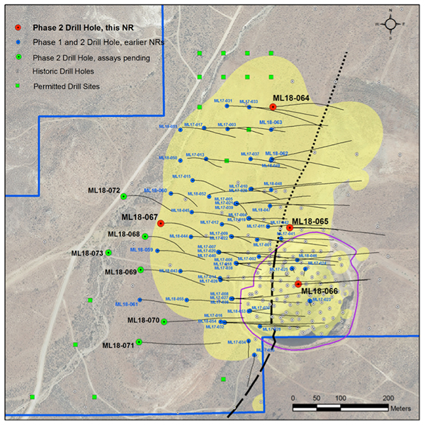Figure 1. Plan map showing recent drill holes on Mother Lode Project with exploration target area