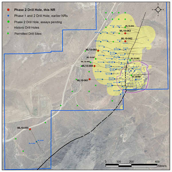 Figure 1. Plan map showing recent drill holes on Mother Lode Project with exploration target area
